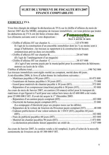 Sujet corrigé de Fiscalité BTS Finances Comptabilité et Gestion d’Entreprises 2007