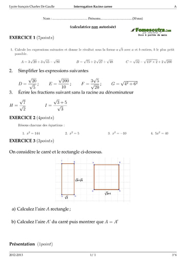 Interrogation (2) Racine carrée -  maths 3eme