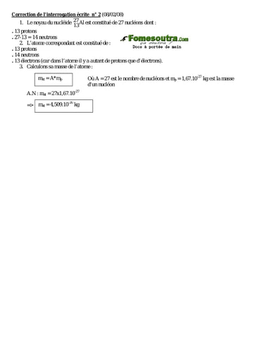 Corrigé Interrogation 3 de Chimie niveau 2nd C