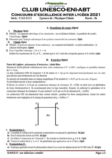 Sujet de Physique Chimie - Club UNESCO - ENI-ABT - Concours d'excellence inter Lycée 2021