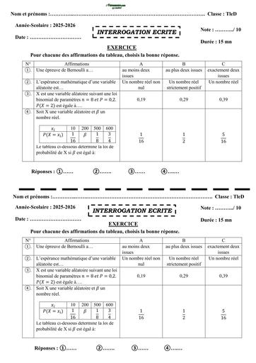 INTERROGATION ECRITE MATHS NIVEAU TleD (Variable aléatoire) by TEHUA