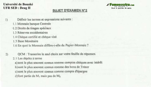 Sujet corrigé (2) Monnaie et Politique Microéconomique - DEUG II - UFR SED - Université de Bouaké