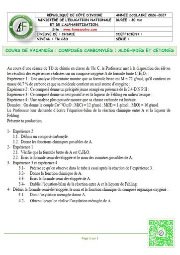 FICHE 3 chimie Tle C&D COMPOSES CARBONYLES ALDEHYDES ET CETONES by TEHUA