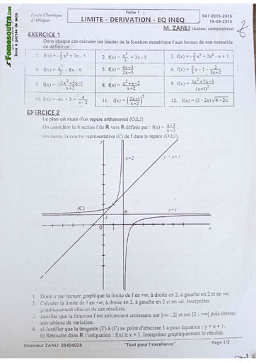 Sujets de Maths Limite - Dérivation niveau Terminale A1 - Lycée classique d'Abidjan