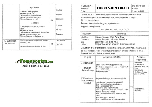 Je me présente - Fiche pour enseignant CP1