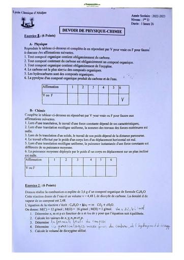 Sujet de Physique-Chimie Niveau Première D Lycée Classique Abidjan 2023