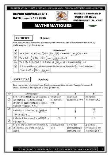 DEVOIR DE MATHS N°1  NIVEAU Tle D 2025 2026 (Corrigé + Barême) KABY BY TEHUA