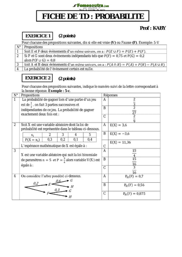 Fiche de TD Probabilité niveau Terminale