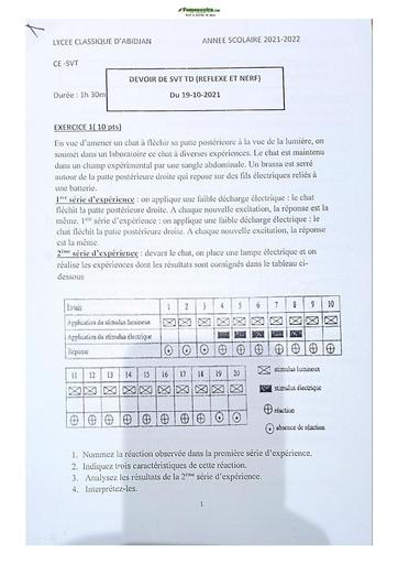 Sujet de SVT Terminale D Lycée Classique Abidjan 2021-2022