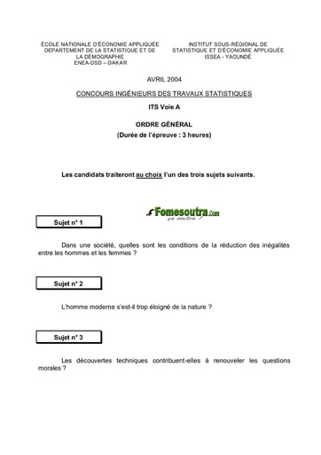 Sujet d'ordre générale ITS A 2004 (ENSAE - ISSEA)