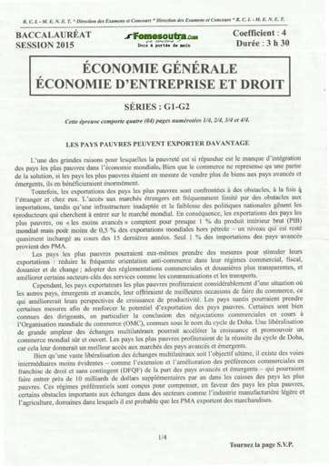 Sujet d'Economie Générale - d'Economie Entreprise - De Droit des BAC G1 et G2  2015