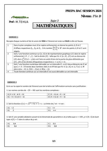 PREPAS BAC 2024 MATHS SERIE D SUJET 3 by Tehua