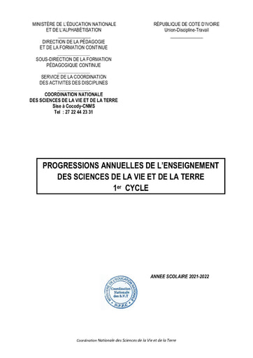 Progression des SVT de la Sixième à la Troisième année scolaire 2021-2022