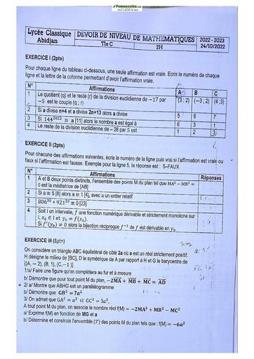 Sujets de Mathématique série C Lycée Classique d'Abidjan  2023