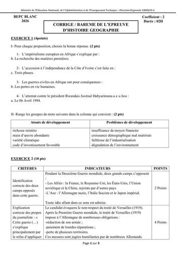 Bac blanc 2026 HG série ABCD barème Drena Abidjan 4 By Tehua