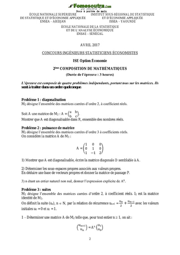 Sujet et Corrigé 2ème épreuve de maths ISE option économie 2017 (ENSEA - ISSEA - ENSAE)