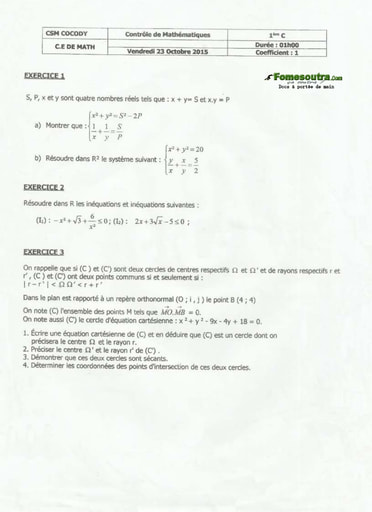 Sujet (1) Maths niveau 1ere C - CSM Cocody