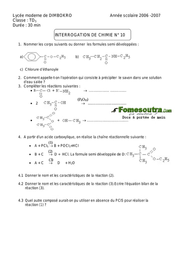 Interrogation 31 de Chimie niveau Terminale D