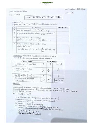 Sujet de Mathématique Terminale D Lycée Classique Abidjan 22