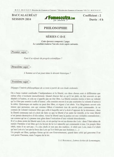 Sujet de Philosophie BAC C D E 2014