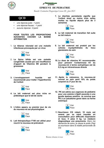 INFAS EPREUVE DE PEDIATRIE L3 JUIN 2023 BY TEHUA