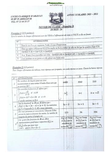 Sujet de Mathématique Première D 2021-2022