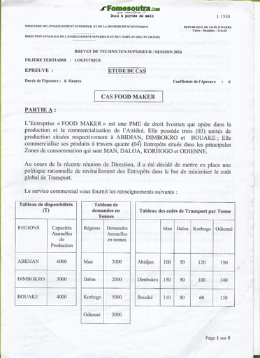 Sujet Etude de cas - BTS Logistique 2016