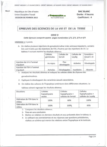 Sujet de SVT Bac blanc série D  2015 - DREN Abidjan 1