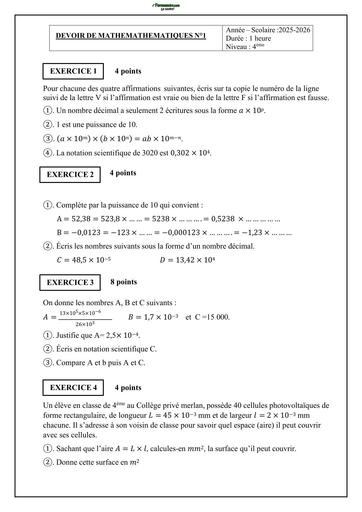 DEVOIR DE MATHS 4ième N°1 BY TEHUA