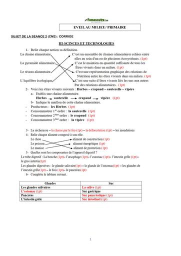 COURS DE VACANCES PRIMAIRE EVEIL AU MILIEU CORRIGE SUJET 1B CM B Y TEHUA