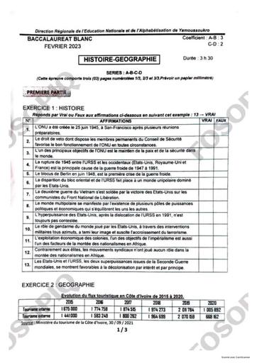 SUJET ET CORRIGE BAC BLANC 2023 HISTOIRE GEOGRAPHIE SERIE ABCD REGIONAL DE YAKRO COTE D'IVOIRE
