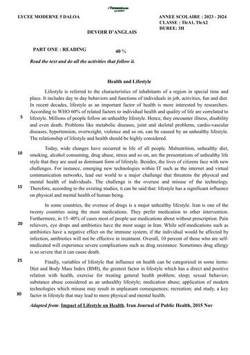 DEVOIR D'ANGLAIS niveau Tle title Health and lifestyle by TEHUA