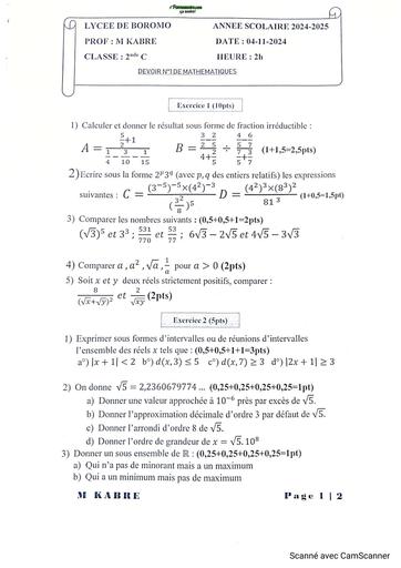 DEVOIR DE MATHS 2nde C LYCEE DE BOROMO 2024 BY TEHUA