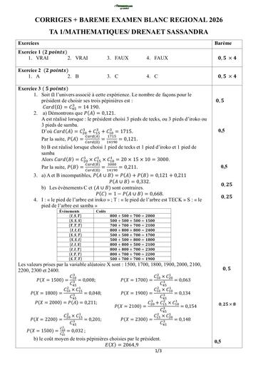 BAC blanc MARS 2026 MATHS SERIE A1 BAREME Drena SASSANDRA By TEHUA