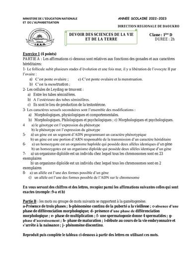 DEVOIR DE SVT 1ERE D 2023 Institut Secondaire Akoundan Region de Daoukro