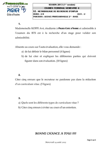 Sujet Méthodologie de recherche d'emploi - 2eme année Licence professionnelle - PIGIER (2013)