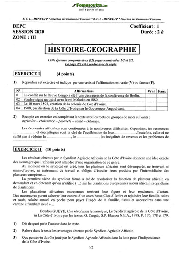 Sujet corrigé et barème d'Histoire et Géographie BEPC 2020 Zone 3