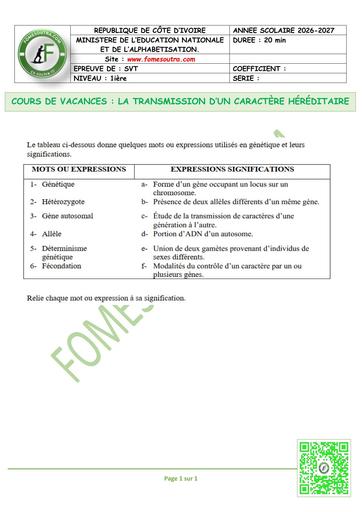 FICHE 1 SVT 1ière LA TRANSMISSION D’UN CARACTÈRE HÉRÉDITAIRE BY TEHUA