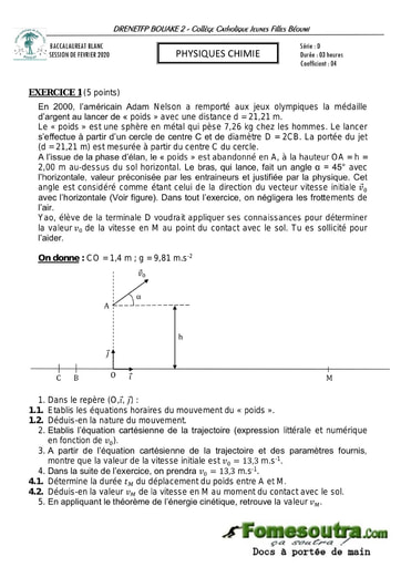 Sujet de Physiques Chimie BAC blanc série D 2020 - Collège Catholique Jeunes Filles Béoumi (DRENETFP BOUAKE 2)