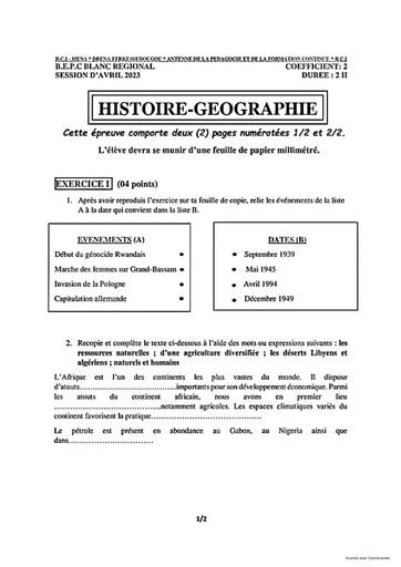 SUJET BEPC BLANC 2023 HISTOIRE GEOGRAPHIE REGIONAL COTE D'IVOIRE