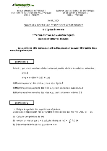 Sujet 1ère épreuve de maths ISE option économie 2004 (ENSEA)