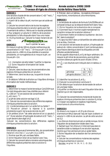 Sujet (1) Acide faible / Base faible - Chimie Terminale C