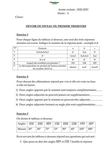 DEVOIR DE NIVEAU MATHS 5ième TRIMESTRE  BY TEHUA