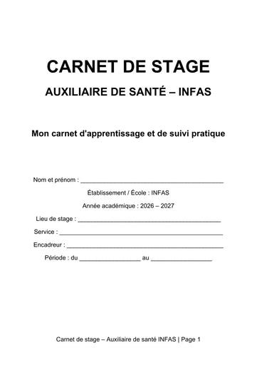 Carnet stage Auxiliaire de sante INFAS