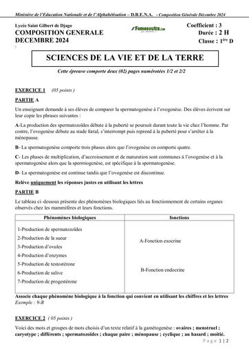 COMPOSITION GENERALE SVT 1ière D DECEMBRE 2024 Lycée DJAGO BY TEHUA