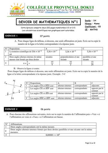 DEVOIR DE NIVEAU MATHS niveau 4ième  12 NOVEMBRE 2025 by TEHUA