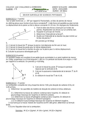 Devoir (2) de Physique-chimie 1ère D Challenge de Dimbokro