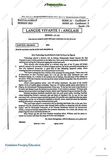 Sujet d'anglais LV1&2 bac 2023 série A + Bareme ci