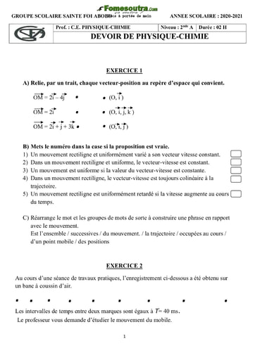 Devoir de Physique-Chimie (année 2021) niveau 2nd A - Groupe Scolaire Sainte Foi Abidjan