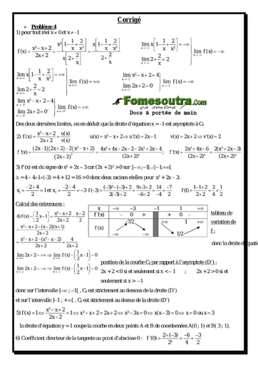 Corrigé Problème (4) Etude d'une fonction rationnelle - Terminale D